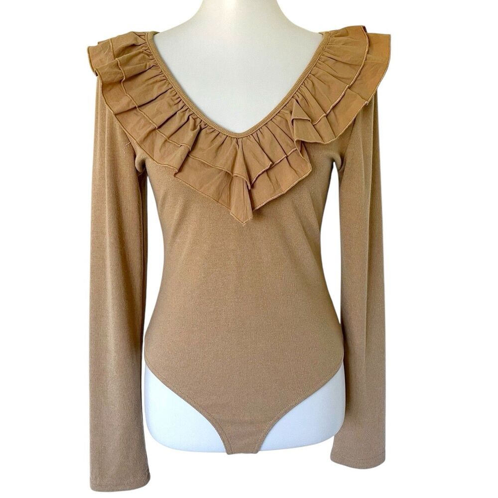 Mocha Brown Tan Bodysuit Ruffles Entro L Lrg Long Sleeves Cotton Blend Top Shirt